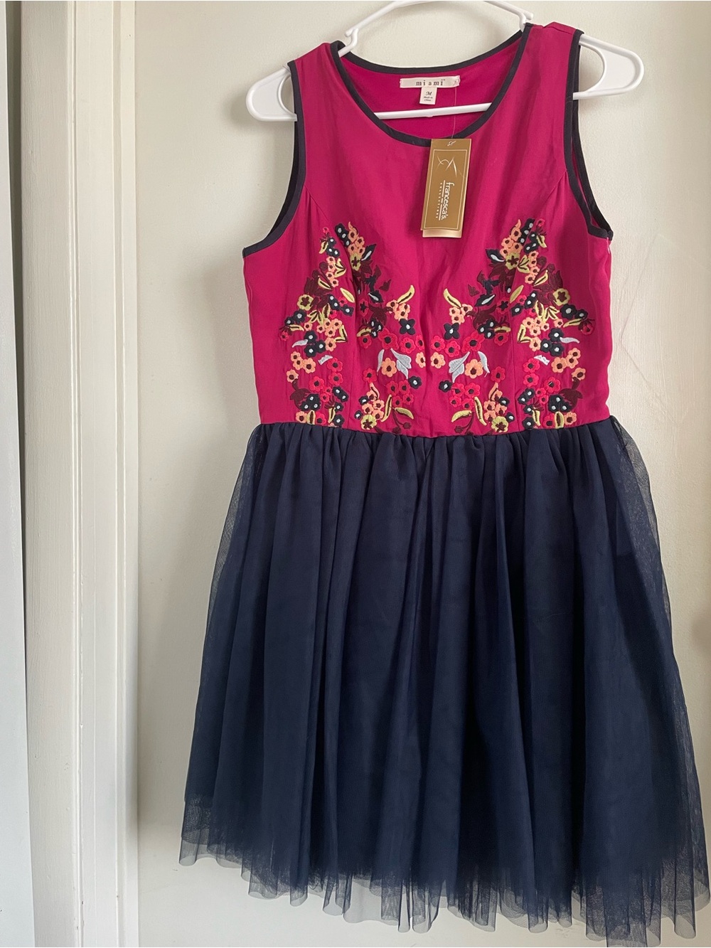 miami Fuchsia & Navy Embroidered Tulle Party Dress